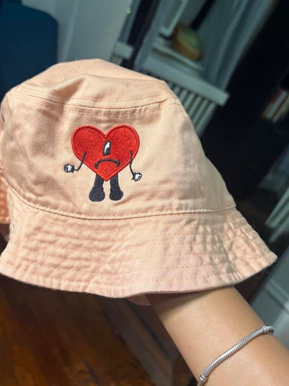 Peach Bucket Hat with Red Heart Patch